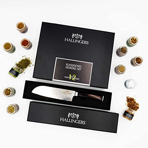 Hallingers Klassisches Gewürz-Set & Deluxe Santoku 7 Zoll - Gewürz Geschenkset handmade, Bundle 12 Gewürze & Messer Deluxe (Set) - Geschenk im Sommer & als perfektes Grillgeschenk | Geburtstag Glückwu