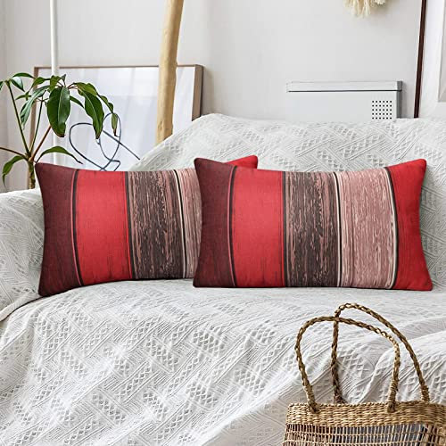 Hanrunsi Kissenbezüge Rot 30x50 Leinen Dekokissen Farbigen Streifen Bauernhaus Rustikale Scheune Holz Textur Grau Kissenhülle für Sofa Stuhl Balkon mit Unsichtbarem Reißverschluss 2er Set