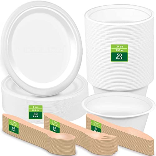 HOMURG Paper Bowls and Plates with Cutlery for Party 50 Guests, Birthday or Wedding Tableware Sets of 250 PCS Dinner Plate and Bowl, Wooden Fork, Knife, Spoon, Super Rigid Disposable Dinnerware Sets