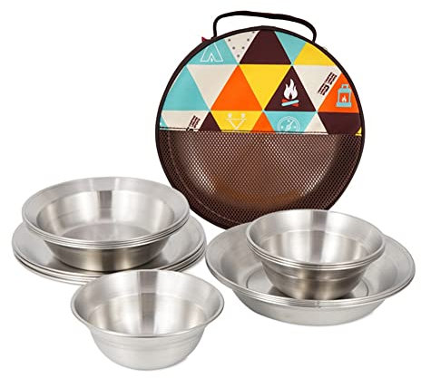 Yurosiay 16 Teiliges Edelstahl Camping Geschirr Set Tragbar Kochgeschirr Outdoor Mit Tragetasche Camping Schüssel Teller Edelstahl Picknick Geschirr Camping Besteck für Camping Küche Party
