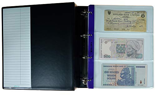 XL collection album, 56 bank notes and checks: 1, 2, 3, 4 pockets on the page and on the pocket for postcards, 20 sheets and dividers
