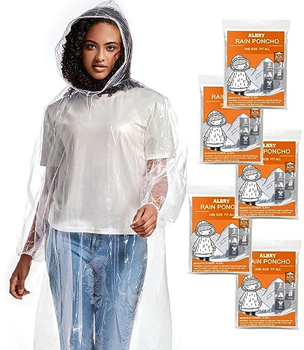 ALBRY Disposable Rain Ponchos for Adults, (5 Pack) Emergency Rain Coat