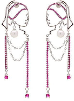 Einzigartiges abstraktes Gesicht Art baumelnde Ohrringe für Frauen Mädchen Umriss Strass Tassel Dény Hollow aus Ohrringe Schmuck Mode baumelt lange Aussage leichte Ohrringe... (Silver Red Diamond)