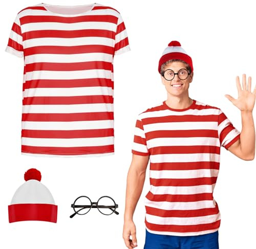 Wally Costume Cosplay Accessories Set with Red and White Striped T-Shirt, Beanie Hat, Black Nerd Glasses Fancy Dress for Adult World Book Day, Halloween, School Dress up Day