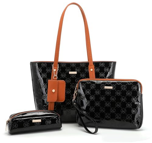 Miss Lulu Damen-Handtasche Set, Groß, Schwarz: Tote Bag, Wickeltasche, Kosmetiktasche, Münztasche - 4 Pcs Set für Frauen