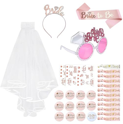 TOATELU JGA Rosegold Stirnband Tiara 12 Stück Bride Armbänder Set, JGA Deko Accessoires mit Bride to be Schärpe und Schleier Set Abzeichen Tiara Brille Braut Tattoos Bride Buttons
