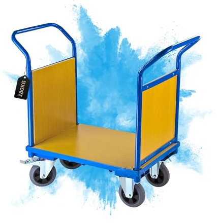PROREGAL Transportwagen Handwagen Materialwagen Doppelstirnwand | HxBxL 93x50x91cm | 2 Lenk- & Bockrollen | Traglast 180kg | Lichtblau