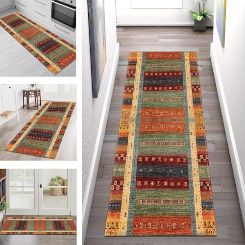 Teppich Läufer Flur Lang Küchenteppich Rutschfest Waschbar Küchenläufer Grün Rot Korridor Flurläufer 70X180CM Teppichmatten Dauerhaft Schlafzimmer Wohnzimmer Meterware Teppichläufer Anpassbar