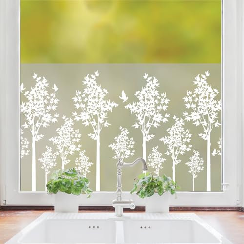 Wandtattoo Loft Sichtschutzfolie Fenster mit Mehreren Bäumen Motiv, Fensterfolie Blickdicht, Milchglasfolie Fenster, Fensterdeko Selbstklebende Folie, Fenster Dekoration Gräser, Fenster Klebefolie