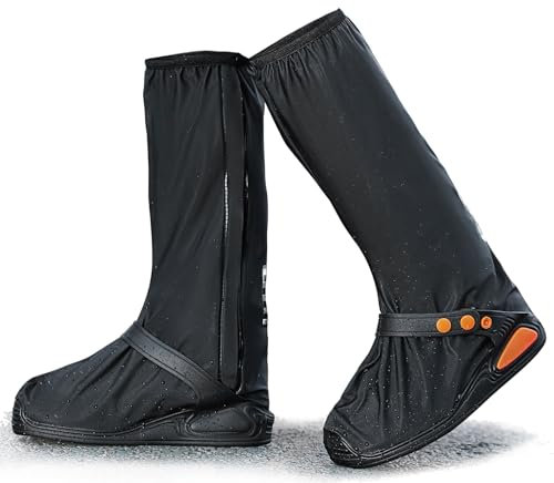 Habwea Copriscarpe Impermeabile Sovrascarpe Nero Riutilizzabile con strisce riflettenti Stivali da pioggia antiscivolo Alta protezione pioggia galosce per bicicletta moto uomini donne Schwarz, XL