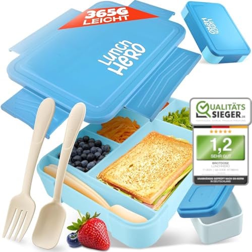 LUNCHHERO Bento Box with Compartments - [Grade 1.2] - BPA Free for Kids with Leak-Proof Sauce Box & Cutlery - Snack Container for Boys & Girls