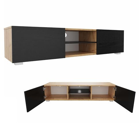 PLATAN ROOM TV Lowboard/Sideboard 140 cm breit Hängeschrank Fernsehschrank TV Kommode mit 2 Türen und offenem Fach in 5 Farbvarianten (Eiche Gold/Schwarz Matt, 140 cm breit)