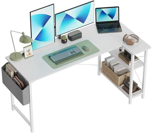 CubiCubi Schreibtisch mit Regalen, Kleiner L-förmiger Eckschreibtisch mit Ablagefächern, Schreibtisch für Heimbüro, Umkehrbarer Computertisch Gaming Tisch,140cm weiß weiße Tischbeine