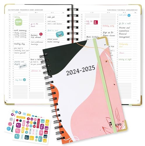 Kalender 2024 2025, Wochenplaner, Terminplaner A5 mit einer Doppelspule Gebunden, Lässt sich leicht umdrehen und flach hinlegen, Lehrerkalender für Büros, Schulen, Organisatoren (Weiß Rosa)
