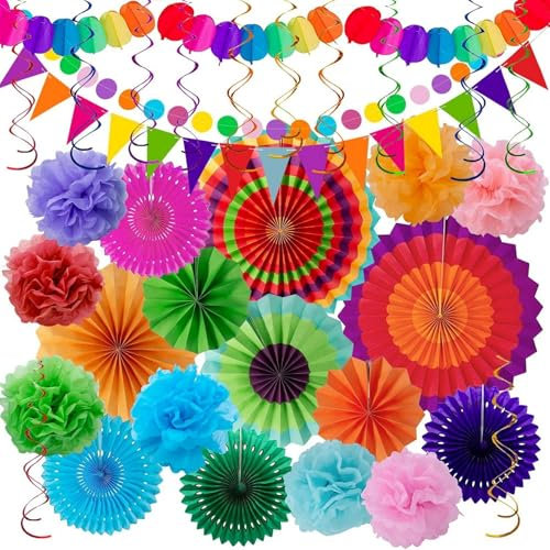 20 Stück Party Dekorationsset,hängende Papier fächer, pompons Blumen, Papier Wimpel und Punktekette für Party,Hochzeit,Geburtstag Graduierung Deko Weihnachten Karneval (farbig)