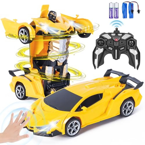 Highttoy Ferngesteuertes Auto Transformator Spielzeug mit Gestenerfassung, Licht und Musik, Auto Roboter Spielzeug ab 3 4 5 6 7 8 Jahre Geschenk, 2.4GHz 360° Drehung 1:18 RC Auto Roboter Kinder, Gelb