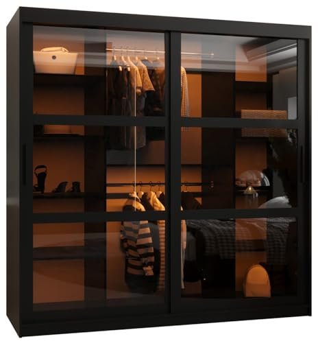 MEBLE KRYSPOL Dome Schrank mit Zwei Schiebetüren mit Spiegel, Stangen und Regalen - Aufbewahrungsschrank mit Rauchglas für Schlafzimmer, Wohnzimmer - 200x180x62cm - Schwarz, Schwarz, Schwarz