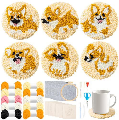 WATINC 22PCS Corgi DIY Art Craft Sewing Coaster for Toddlers Christmas Gifts Needle Punch Coaster Embroidery Making Kit Corgi Handmade Beginner Easy Embroidery Kit with Instruction for Kids Adults