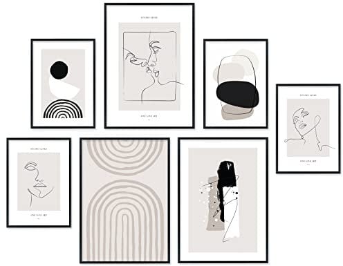 Hyggelig Premium Home Poster Set - 7 hochwertige Kunst Bilder in schwarz weiß grau Wandposter aesthetic Boho Scandi Style - Set Studio Lines - mit Rahmen weiß