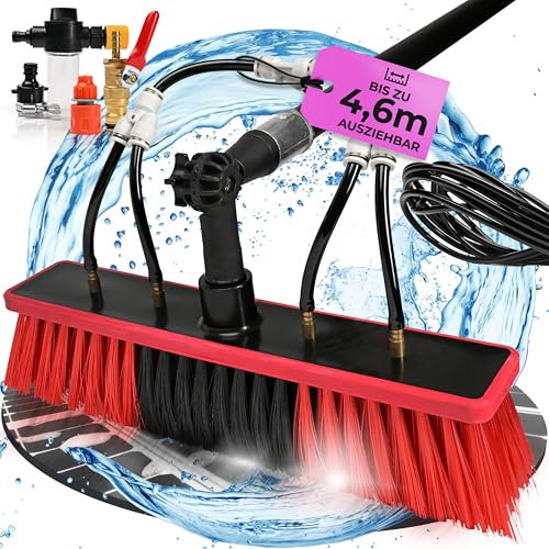 ATHELON® Teleskop Waschbürste zur Solar- & Fensterreinigung [ausziehbar bis 4,6 Meter] - Fensterputzer-Set mit Teleskopstange & Wasseranschluss [für Fenster, Photovoltaik, Wintergarten & Co.]
