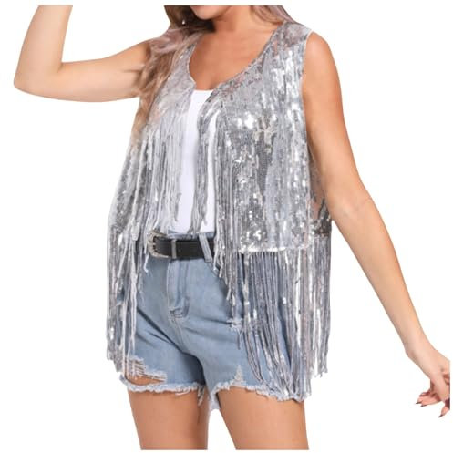 Duohropke Metallic Glänzend Jacke Damen Party Club Jacke Tops Hiphop Lametta Cardigan Festlich Rave Outfit Pailletten-Fransenweste Boho Western Jacke