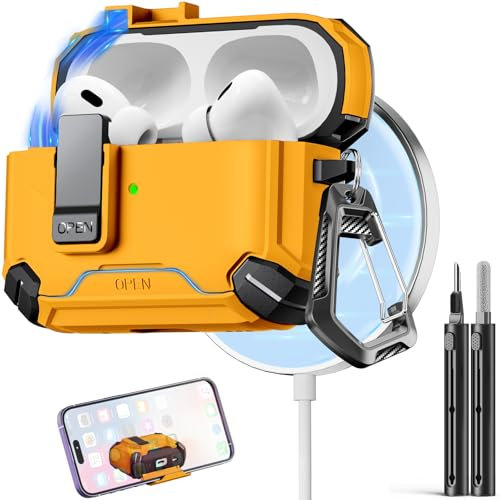 Inesore Kompatibel mit AirPods Pro 2. / 1. Generation, Schutzhülle mit Handy-Ständer und Reinigungsset, kompatibel mit Magsafe, magnetische, automatische Verriegelung für iPod Pro Ladehülle