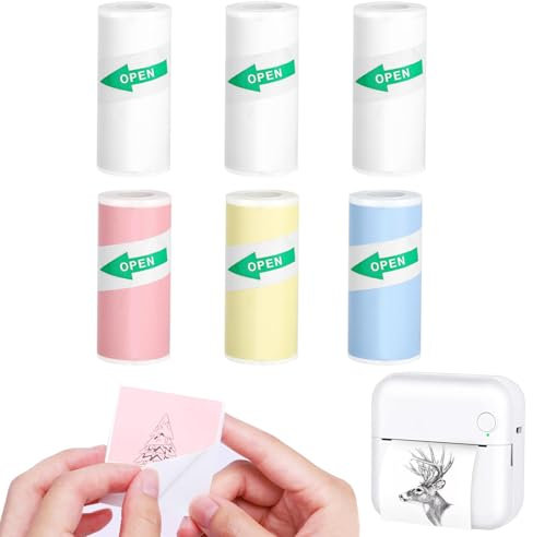 6 Rolls Thermal Printer Paper,Mini Pocket Printer Self-Adhesive Printable Sticker with Ball Point Pen,Multicolors Thermal Sticker for Most Kids Instant Camera Refill Print Paper Children (57 X 25mm)