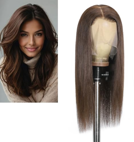 Larafona Full Lace Wig Braun 4# Echthaar Nahtlose Perücke 100% Remy Human Hair Transparent Lace Pre-plucked with Baby Hair Glatt 18inch/45cm