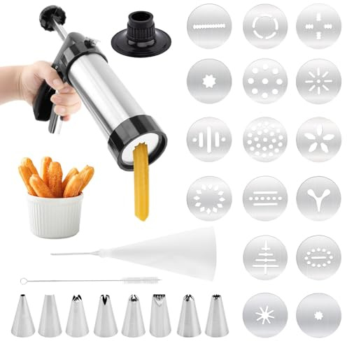 Professional Churro Maker Machine with 16 Discs & 8 Nozzles, Cookie Press Gu-n Kit, Multi-Function Cookie & Dough Press for DIY Dessert Making Decorating Baking Supplies