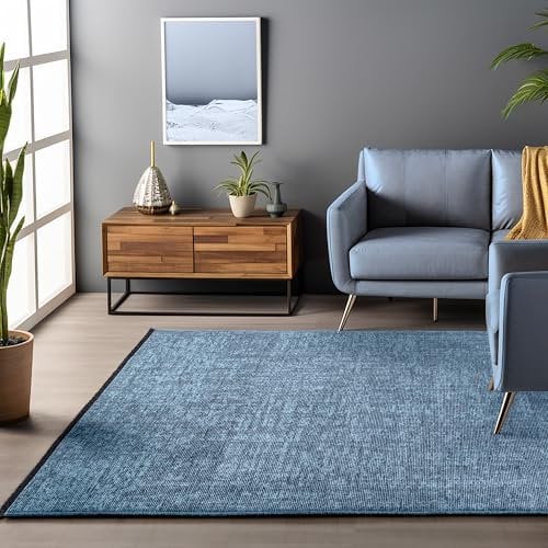 HomebyHome Baumwolle Chenille Teppich Blau 200x290 cm Waschbar, Boho-Stil, Vintage Kelim, Kurzflor, rutschfest & Weich, Einfarbig Meliert, Für Wohnzimmer, Schlafzimmer, Büro & Küche