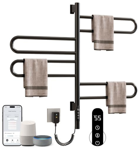 Handtuchheizkörper Elektrisch, 430×780mm, 130W, 180° Drehung Badheizkörper Elektrisch, Schwarz Handtuchtrockner, Handtuchwärmer, Badheizkörper Handtuchhalter, mit Timer und Thermostat-G65 WiFi Black