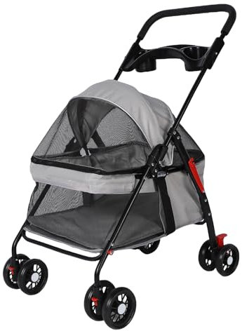 Pongnas 4 Wheels Dog Stroller, Foldable Pet Stroller with Storage Basket, Cup Holder, Breathable Mesh and Durable Frame, for Medium Small Dogs and Cats
