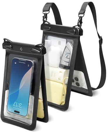 Spigen Aqua Shield Waterproof Dual Pocket Phone Pouch, IPX8 Certified Dry Bag, Crossbody Strap for Beach for iPhone 16 16e 15 14 13 Pro Max, Samsung S25 S24 Ultra, Pixel more - Black