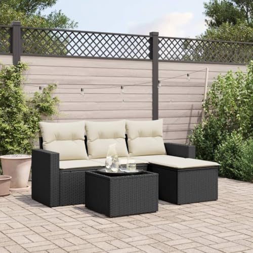Teenpull 5-TLG. Garten-Sofagarnitur Schwarz, Poly Rattan, Ecksofa, Mittelsofa, Hocker, Glastisch, Bequeme Kissen, für Terrasse, Balkon, Außenbereich, UV-beständig, 110 kg Tragfähigkeit