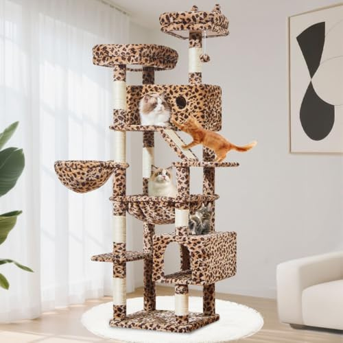 Taoqimiao Cat Tree, 180cm Large Cat Tower for Indoor Cats Tall Cat Tree | with 8 Sisal Scratching Posts, Metal Frame Cozy Hammock, Scratch Board, 2 Top Perches, Leopard Print MS026LBW