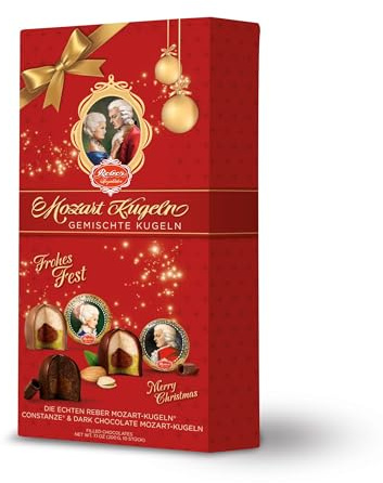 Reber Pralinenmischung, 10 Mozart- und Constanze-Kugeln in weihnachtlicher Geschenkverpackung, 200 g