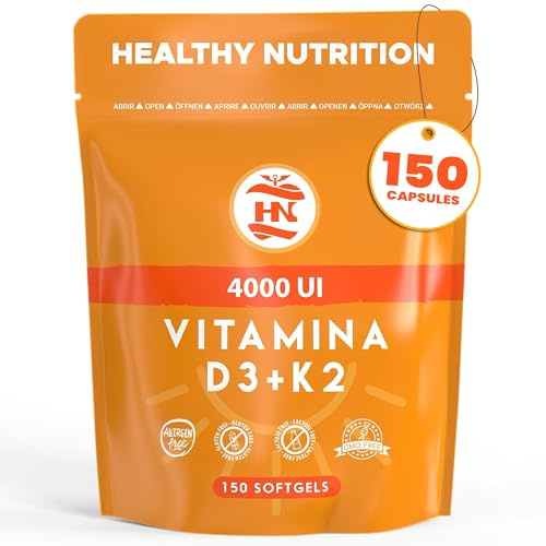 Vitamina D - 150 Cápsulas de vitamina D3 K2 – Vitamina D (4000 UI) altamente concentrada. Favorece la función inmunológica y ósea - 150 cápsulas