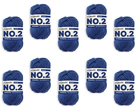 myboshi No.2 Baumwolle zum Häkeln, Baby Wolle, vegane Wolle zum Stricken, 60 Grad waschbar, für Baby und Amigurumi, 50g, Ll 100m Blau (Saphir) 10 Knäuel