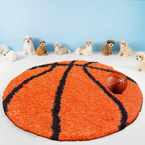 Teppium Kinderteppich Hochflor 120 cm Rund Orange - Basketball Teppich für Jungen und Mädchen, Extra Weich, Flauschig und 30 mm Florhöhe - Runder Teppiche fürs Kinderzimmer, Babyzimmer und Spielzimmer