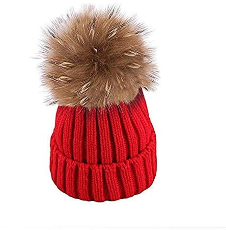 EXQULEG Warm Mütze, Echtfellbommel Pudelmütze,Winter-Mütze Bommelmütze Pelzbommel Waschbär Raccoon Pelz (Rot)