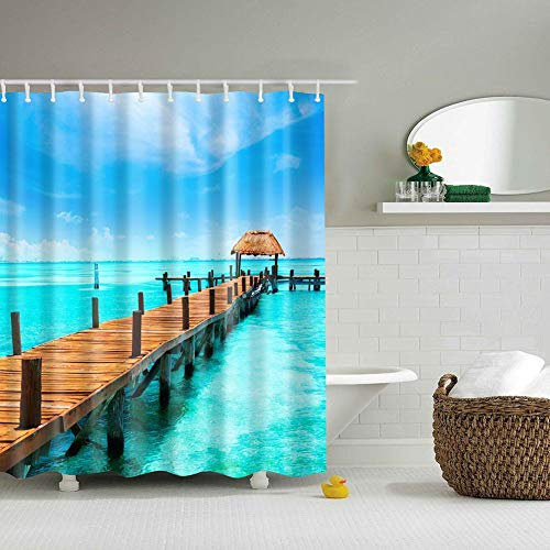 Boyouth Duschvorhang mit Digitaldruck, Motiv Pavillon am Meer für Badezimmer, wasserdicht, Polyester, mit 12 Haken, 178 x 178 cm, mehrfarbig