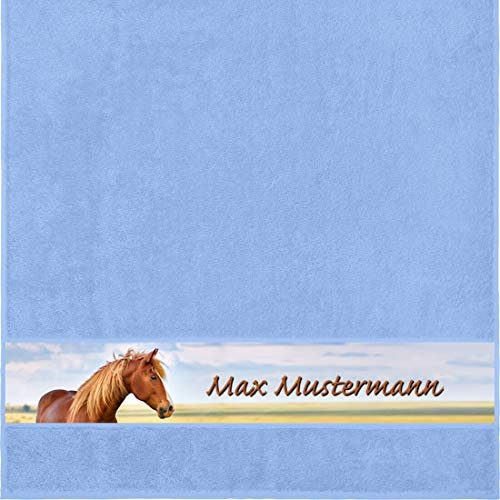 Manutextur Duschtuch mit Namen - personalisiert - Motiv Tiere - Pferd - viele Farben & Motive - Dusch-Handtuch - hellblau - Größe 70x140 cm - persönliches Geschenk mit Wunsch-Motiv und Wunsch-Name
