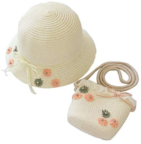 Sombrero de Paja para Niña con Bolsa Linda Bebé del Niño Gorra de Flores Debe Bolsa Conjunto Monedero al Aire Libre del Sombrero de Paja del Verano Ajuste para Niños de 2-7 años (Blanco Lechoso)
