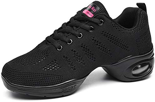 Slow Man Women's Jazz Shoes Lace-up Sneakers - Breathable Air Cushion Lady Split Sole Athletic Walking Dance Shoes Platform Black,7