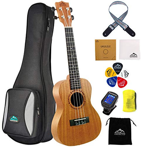 Eastrock Concerto Ukulele per Principianti Adulti Bambino, 23'' Hawaiano Yukulele Di Mogano, Concerto Ukulele con house,Concerto Ukulele Kit con Aquila Corde Accordatore Plettro Cinghia(23'' Mogano)