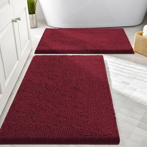 smiry Badezimmerteppiche und -matten-Set, 2-teilig, Chenille-Badematten-Set, maschinenwaschbar, trocken, rutschfest, saugfähig, Dusche und Badewanne (50.8 x 81.3 cm + 43.2 x 61 cm, weinrot)