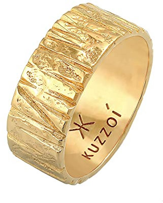 Kuzzoi Herrenring im kunstvoll strukturiertem Design, Bandring massiv (9 mm) breit in 925 Sterling Silber vergoldet, Silberring gehämmert, Goldener Ring für Männer, Ringgröße 62, 0604172221_62