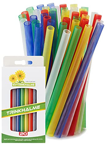 Lot de 20 pailles réutilisables en plastique - Résistantes et réutilisables - Passent au lave-vaisselle - Fabriquées en Allemagne - Pour les enfants- Dans un emballage recyclé (multicolore, 14)