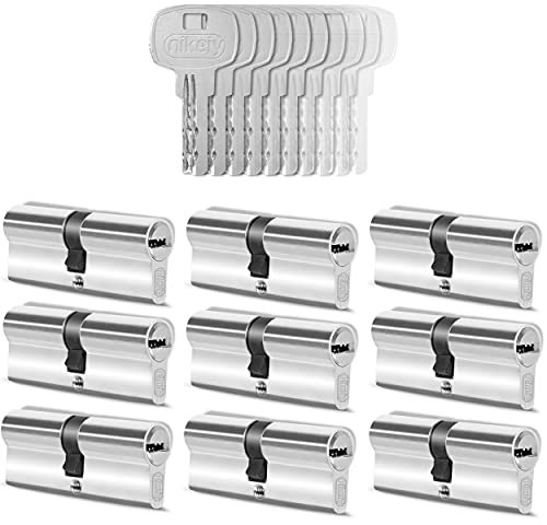 GERCAR 9x Cylindre de serrure/barillet de porte d'entree/interieure 60 mm - 9x serrure de porte 30/30 mm - En laiton nickelé - Avec 45 clés - Longueur : 60 mm, A: 30 B : 30