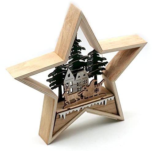 Village et Traineau - Déco de Noël Étoile en Bois Lumineux 25 cm
